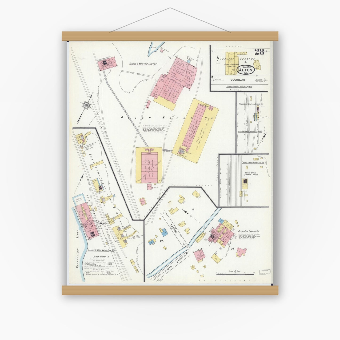 Old map wall art mockup — magnetic wood frame on white wall — Sanborn Fire Insurance Map from Alton, Madison County, Illinois (1915), Sheet #0028