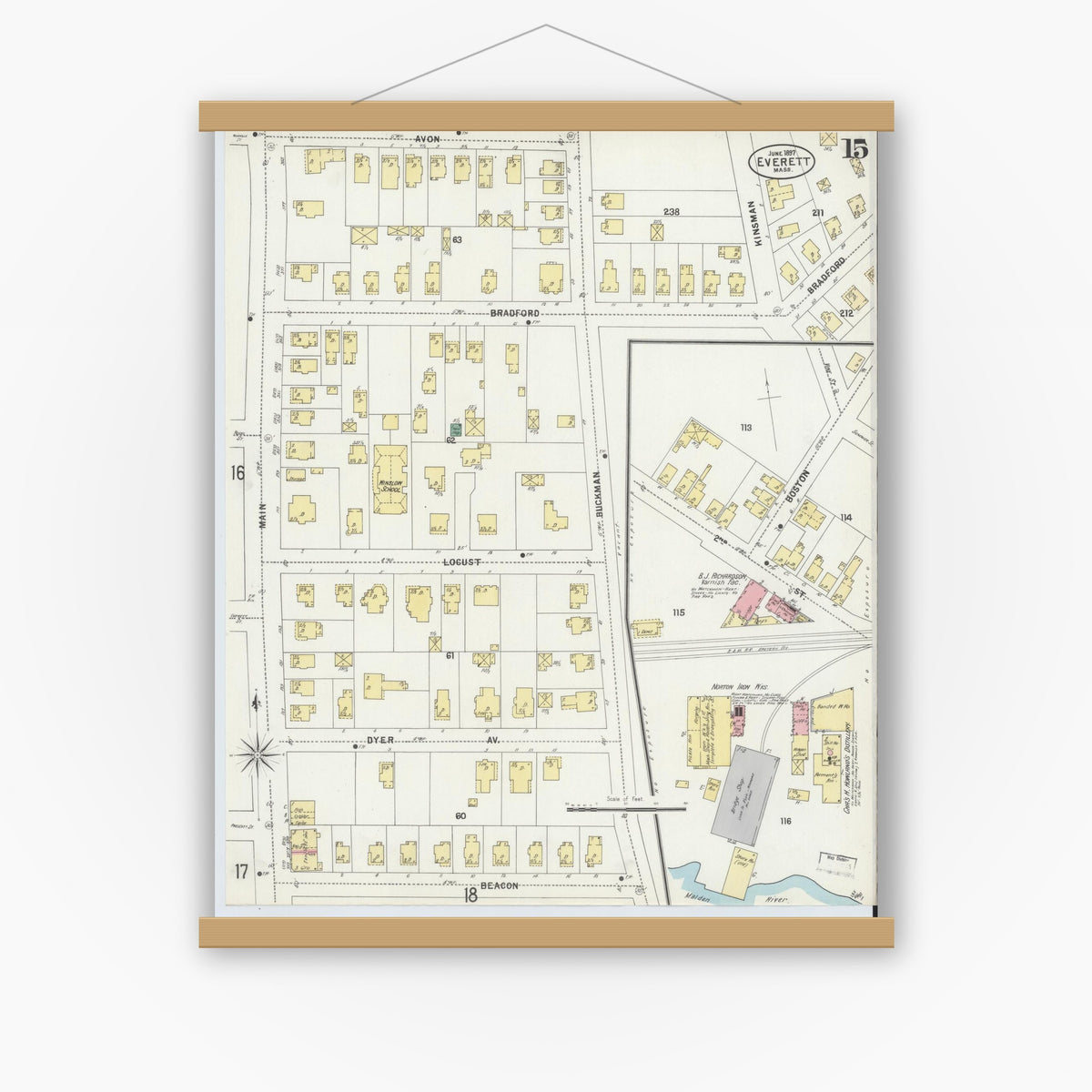 Old map wall art mockup — magnetic wood frame on white wall — Sanborn Fire Insurance Map from Everett, Middlesex County, Massachusetts (1897), Sheet #0015