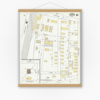 Old map wall art mockup — magnetic wood frame on white wall — Sanborn Fire Insurance Map from Ranger, Eastland County, Texas (1920), Sheet #0019