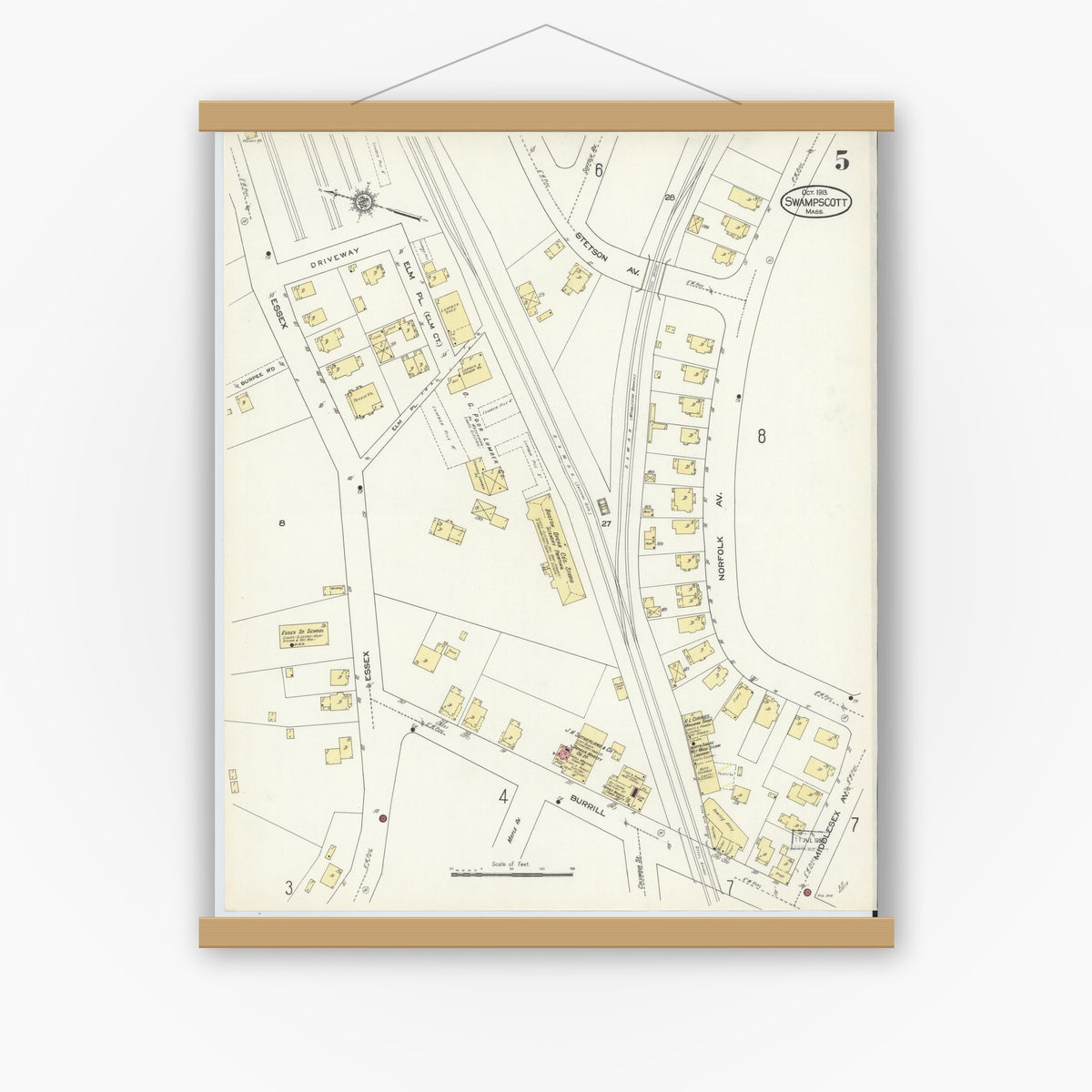 Old map wall art mockup — magnetic wood frame on white wall — Sanborn Fire Insurance Map from Swampscott, Essex County, Massachusetts (1913), Sheet #0005