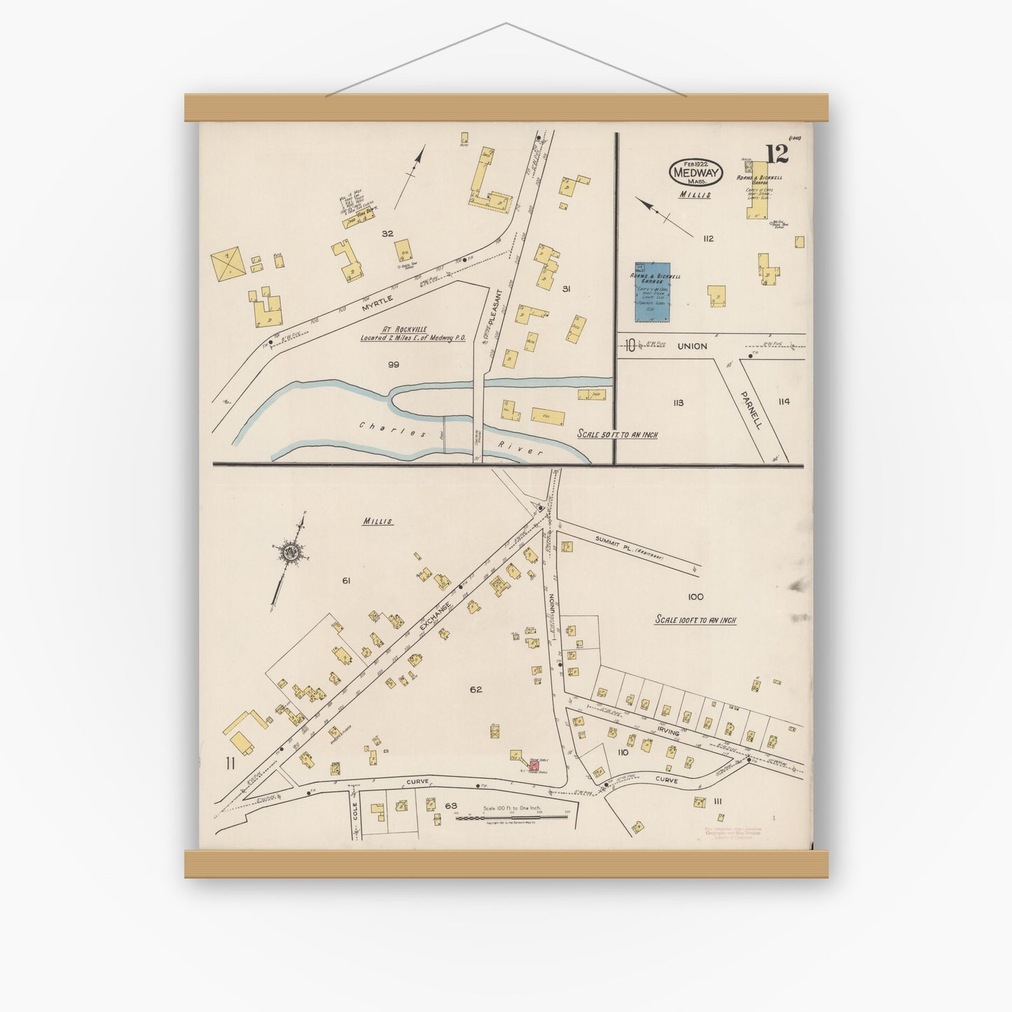 Old map wall art mockup — magnetic wood frame on white wall — Sanborn Fire Insurance Map from Medway, Norfolk County, Massachusetts (1922), Sheet #0012