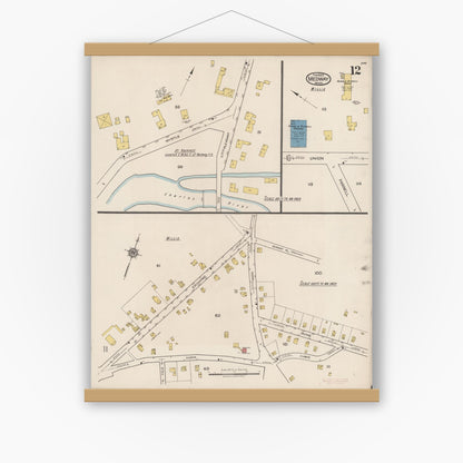 Old map wall art mockup — magnetic wood frame on white wall — Sanborn Fire Insurance Map from Medway, Norfolk County, Massachusetts (1922), Sheet #0012