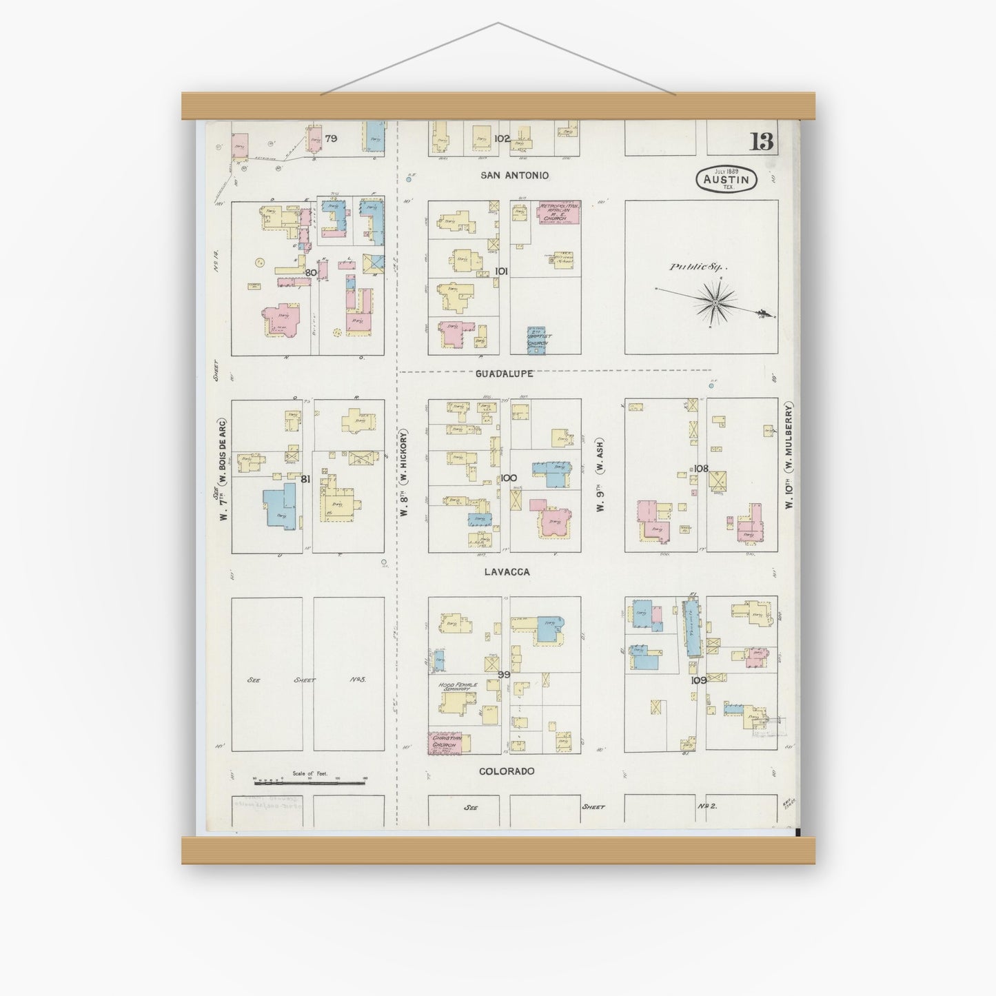 Old map wall art mockup — magnetic wood frame on white wall — Sanborn Fire Insurance Map from Austin, Travis County, Texas (1889), Sheet #0013