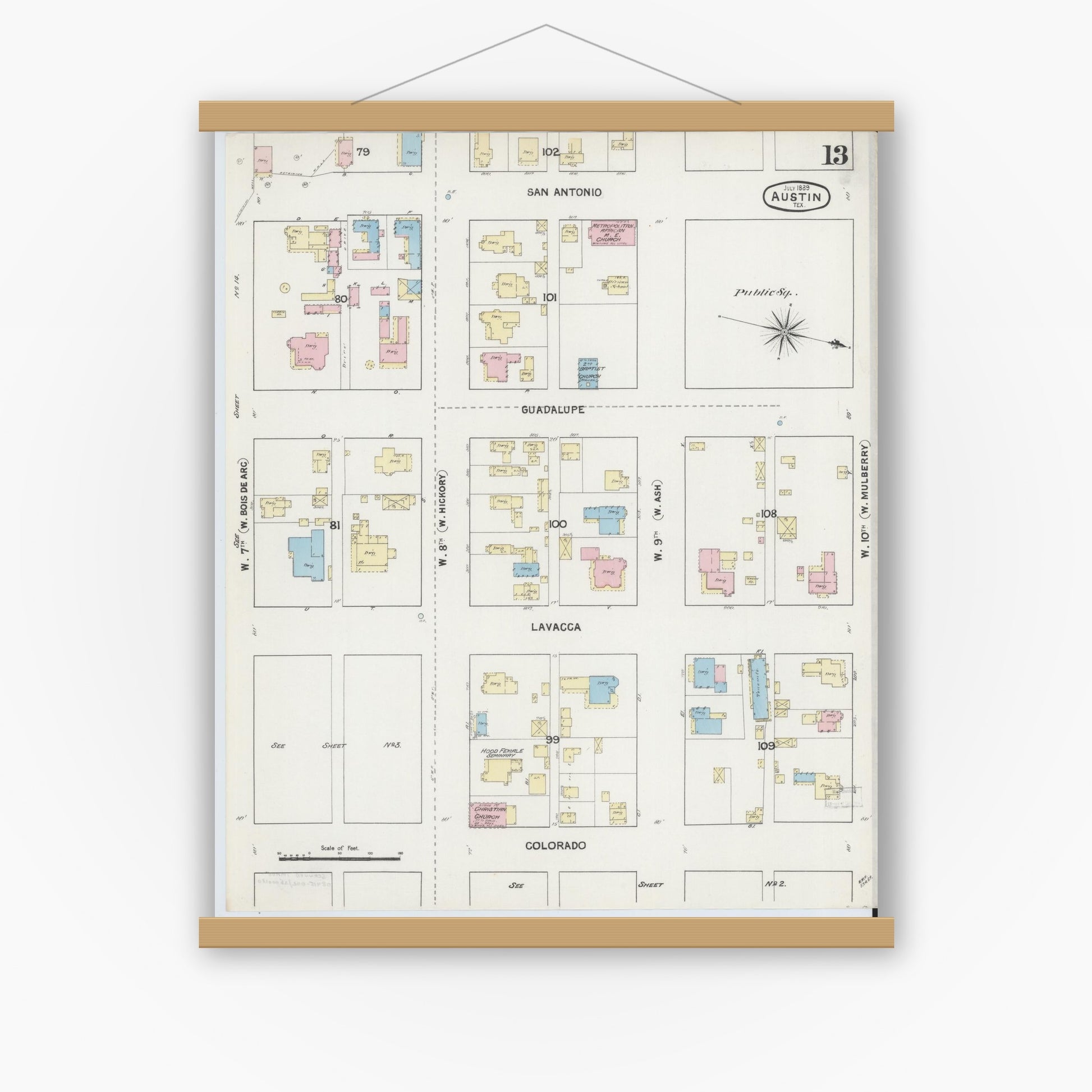 Old map wall art mockup — magnetic wood frame on white wall — Sanborn Fire Insurance Map from Austin, Travis County, Texas (1889), Sheet #0013