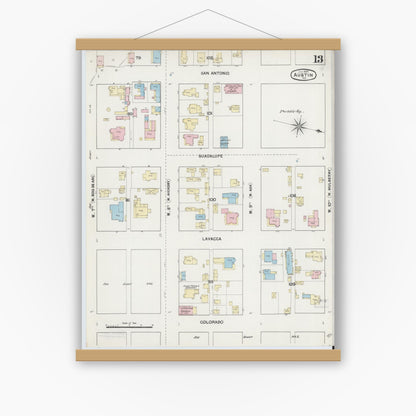 Old map wall art mockup — magnetic wood frame on white wall — Sanborn Fire Insurance Map from Austin, Travis County, Texas (1889), Sheet #0013