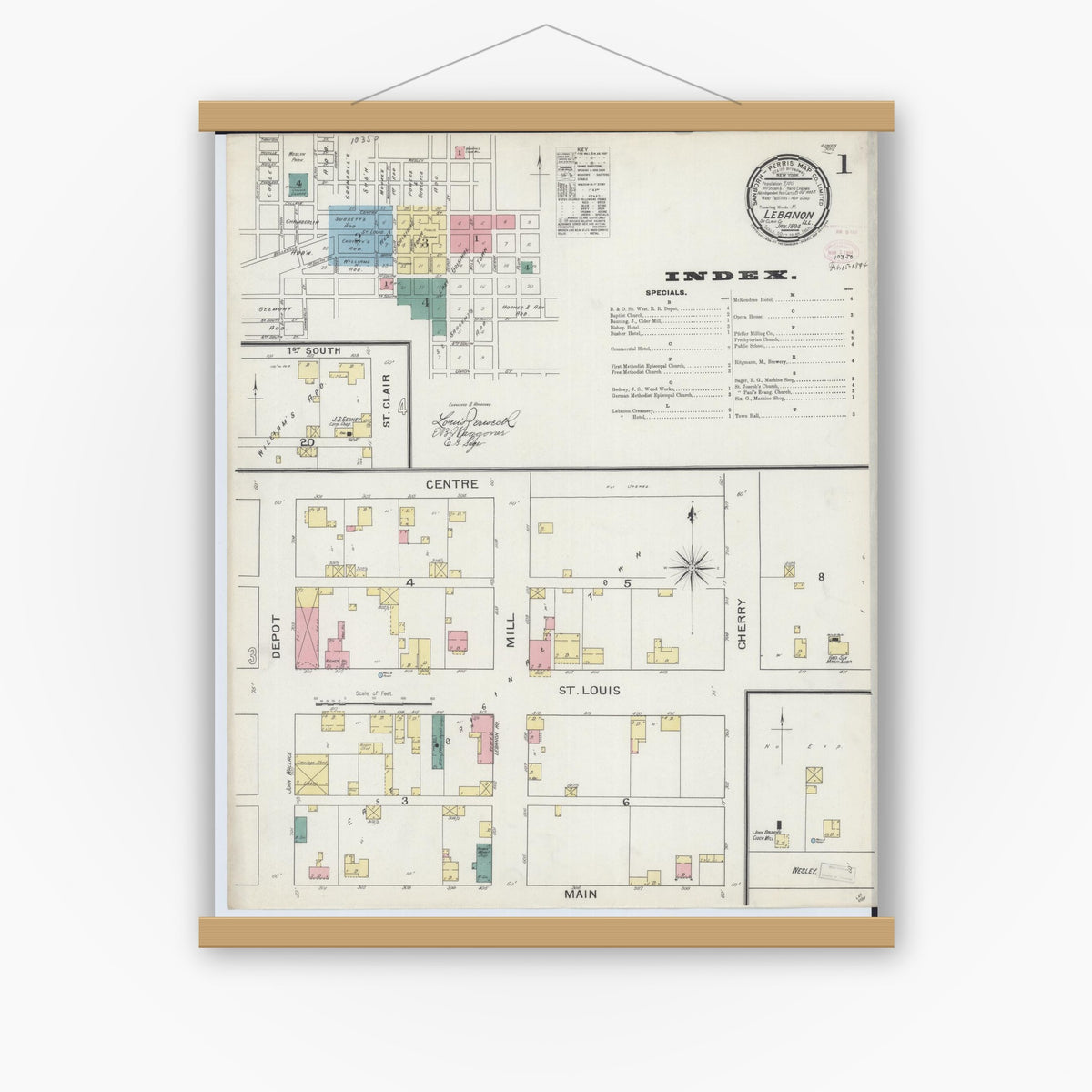Old map wall art mockup — magnetic wood frame on white wall — Sanborn Fire Insurance Map from Lebanon, Saint Clair County, Illinois (1894) - Complete Map Set