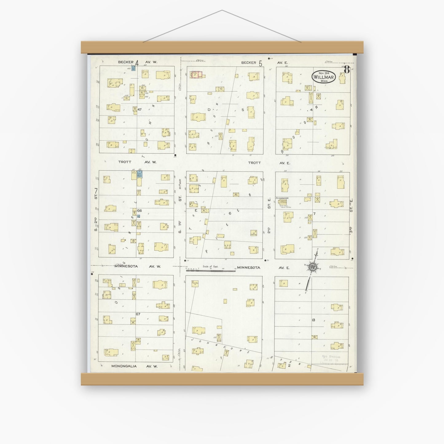 Old map wall art mockup — magnetic wood frame on white wall — Sanborn Fire Insurance Map from Willmar, Kandiyohi County, Minnesota (1914), Sheet #0008