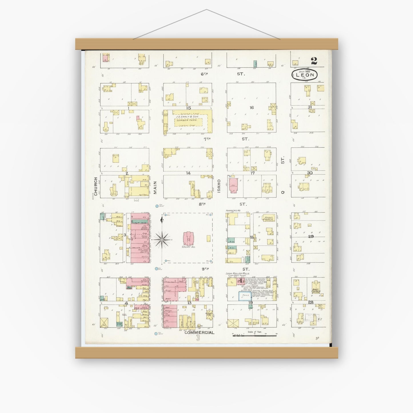 Old map wall art mockup — magnetic wood frame on white wall — Sanborn Fire Insurance Map from Leon, Decatur County, Iowa (1893), Sheet #0002