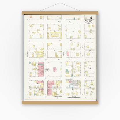 Old map wall art mockup — magnetic wood frame on white wall — Sanborn Fire Insurance Map from Leon, Decatur County, Iowa (1893), Sheet #0002