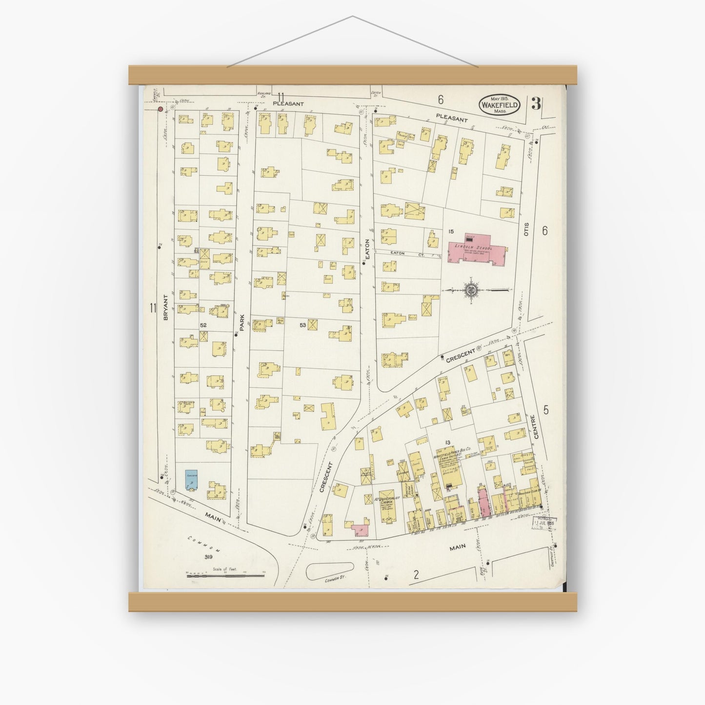Old map wall art mockup — magnetic wood frame on white wall — Sanborn Fire Insurance Map from Wakefield, Middlesex County, Massachusetts (1915), Sheet #0003