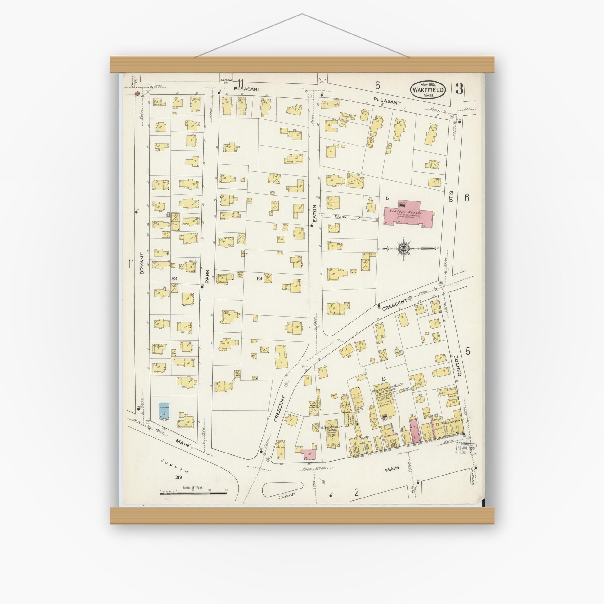 Old map wall art mockup — magnetic wood frame on white wall — Sanborn Fire Insurance Map from Wakefield, Middlesex County, Massachusetts (1915), Sheet #0003