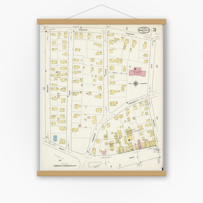 Old map wall art mockup — magnetic wood frame on white wall — Sanborn Fire Insurance Map from Wakefield, Middlesex County, Massachusetts (1915), Sheet #0003