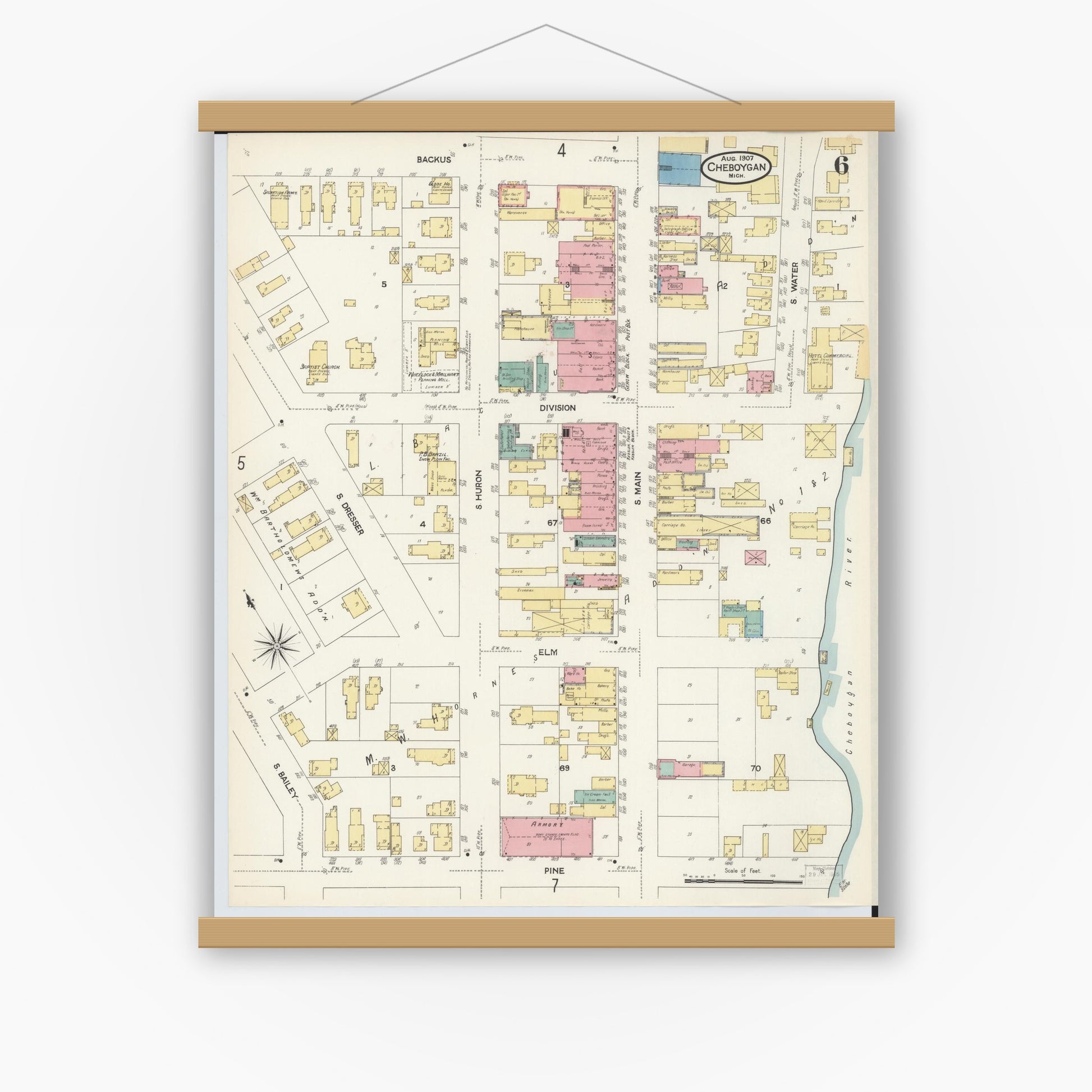 Old map wall art mockup — magnetic wood frame on white wall — Sanborn Fire Insurance Map from Cheboygan, Cheboygan County, Michigan (1907), Sheet #0006