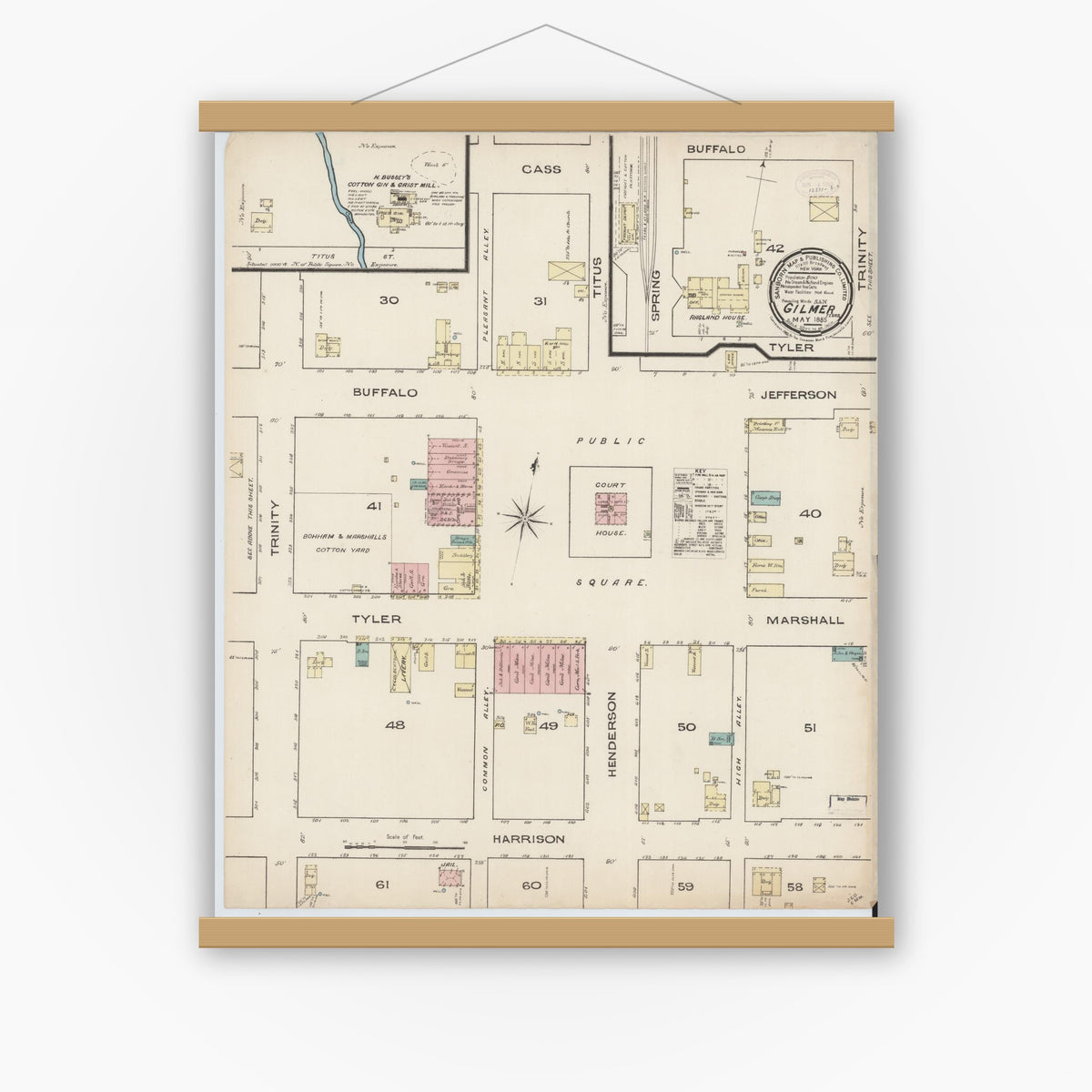 Old map wall art mockup — magnetic wood frame on white wall — Sanborn Fire Insurance Map from Gilmer, Upshur County, Texas (1885), Sheet #0001