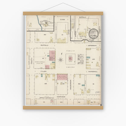 Old map wall art mockup — magnetic wood frame on white wall — Sanborn Fire Insurance Map from Gilmer, Upshur County, Texas (1885), Sheet #0001