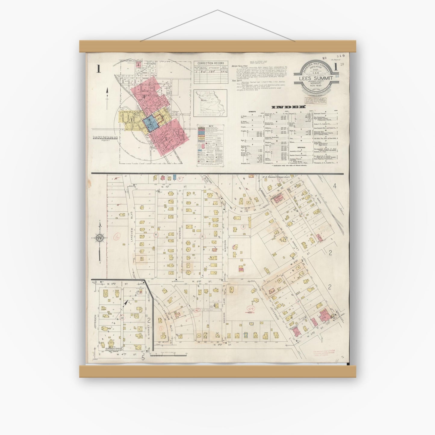 Old map wall art mockup — magnetic wood frame on white wall — Sanborn Fire Insurance Map from Lee's Summit, Jackson County, Missouri (1945), Sheet #0001