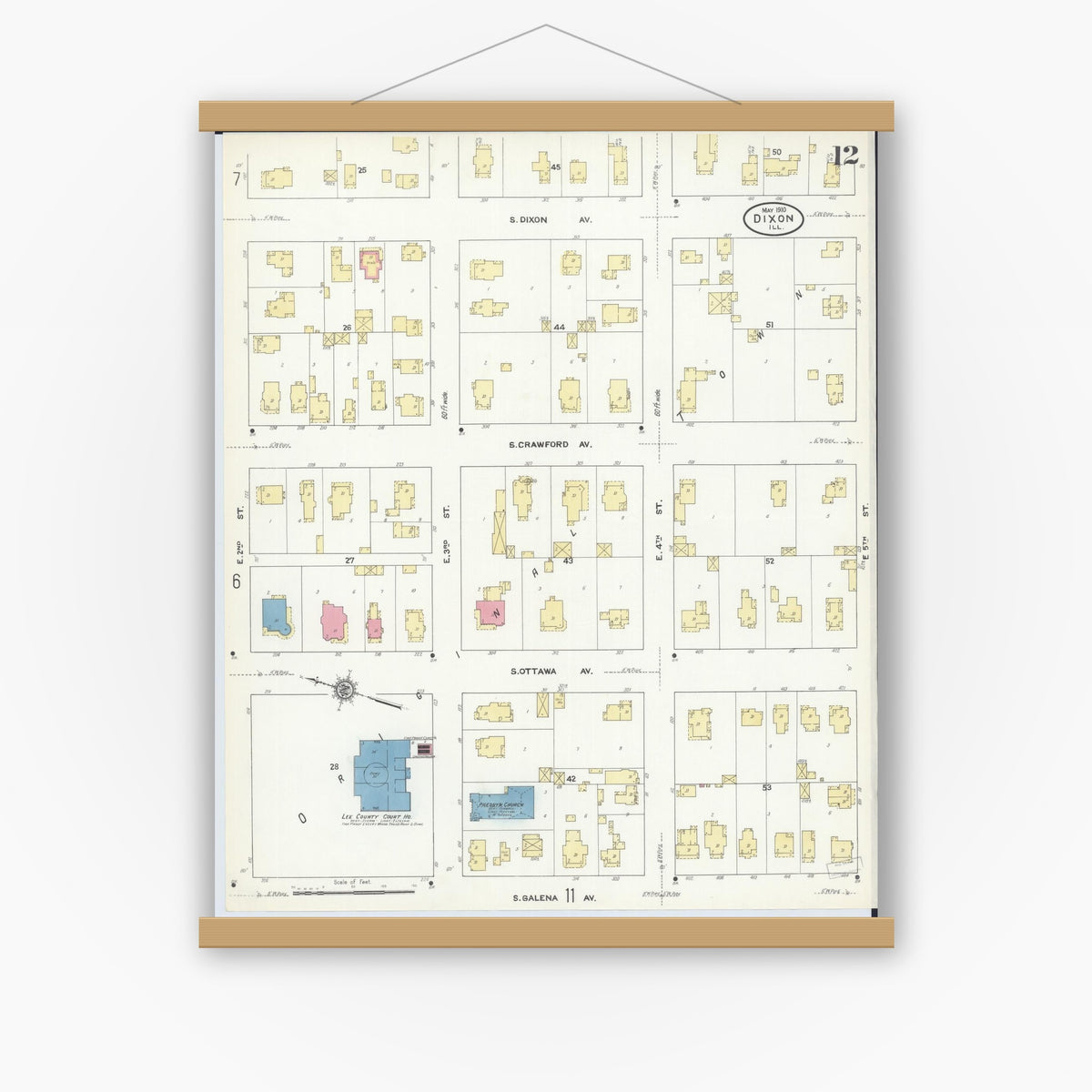 Old map wall art mockup — magnetic wood frame on white wall — Sanborn Fire Insurance Map from Dixon, Lee County, Illinois (1910), Sheet #0012