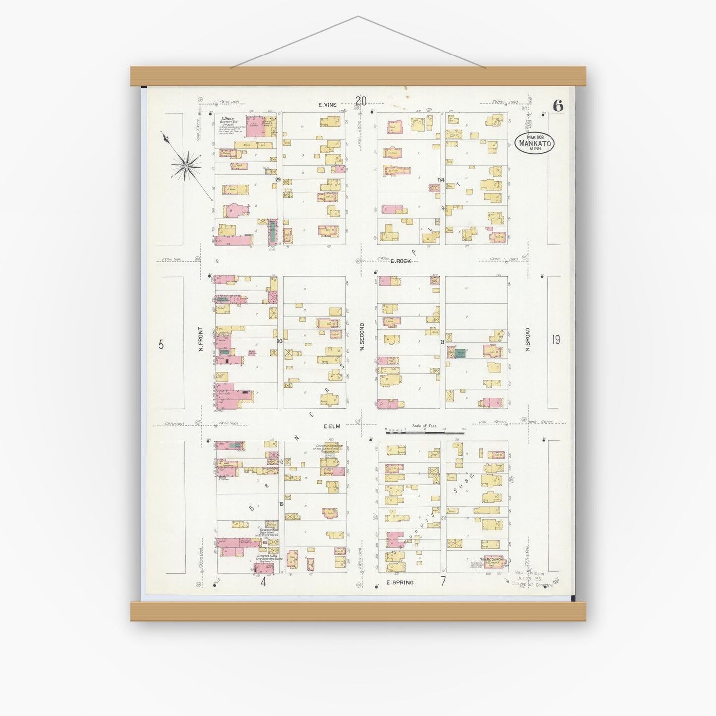 Old map wall art mockup — magnetic wood frame on white wall — Sanborn Fire Insurance Map from Mankato, Blue Earth County, Minnesota (1908), Sheet #0006