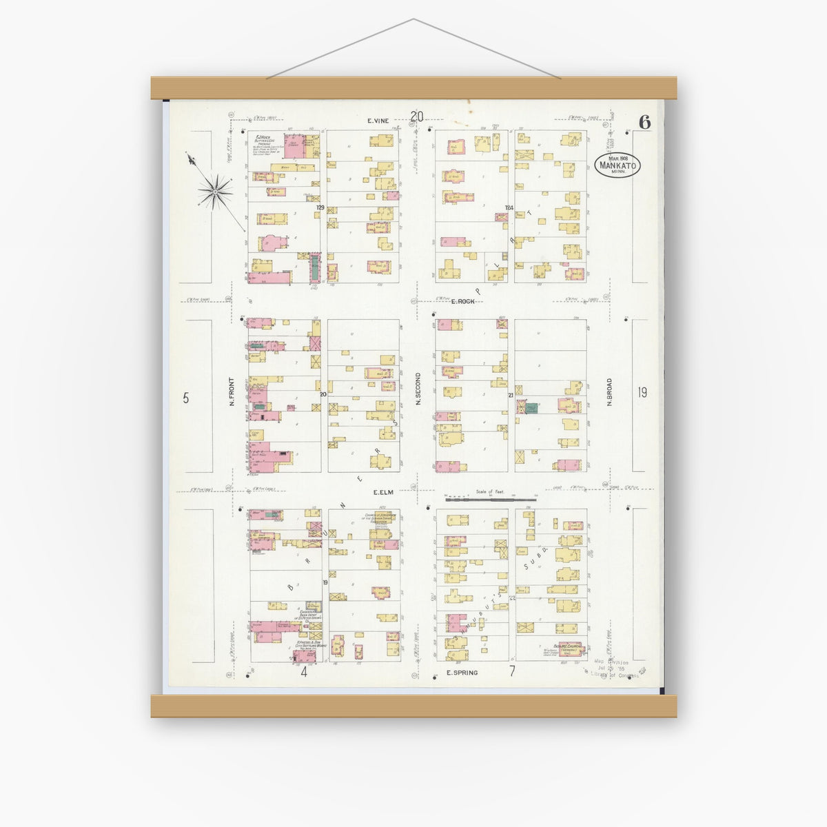 Old map wall art mockup — magnetic wood frame on white wall — Sanborn Fire Insurance Map from Mankato, Blue Earth County, Minnesota (1908), Sheet #0006