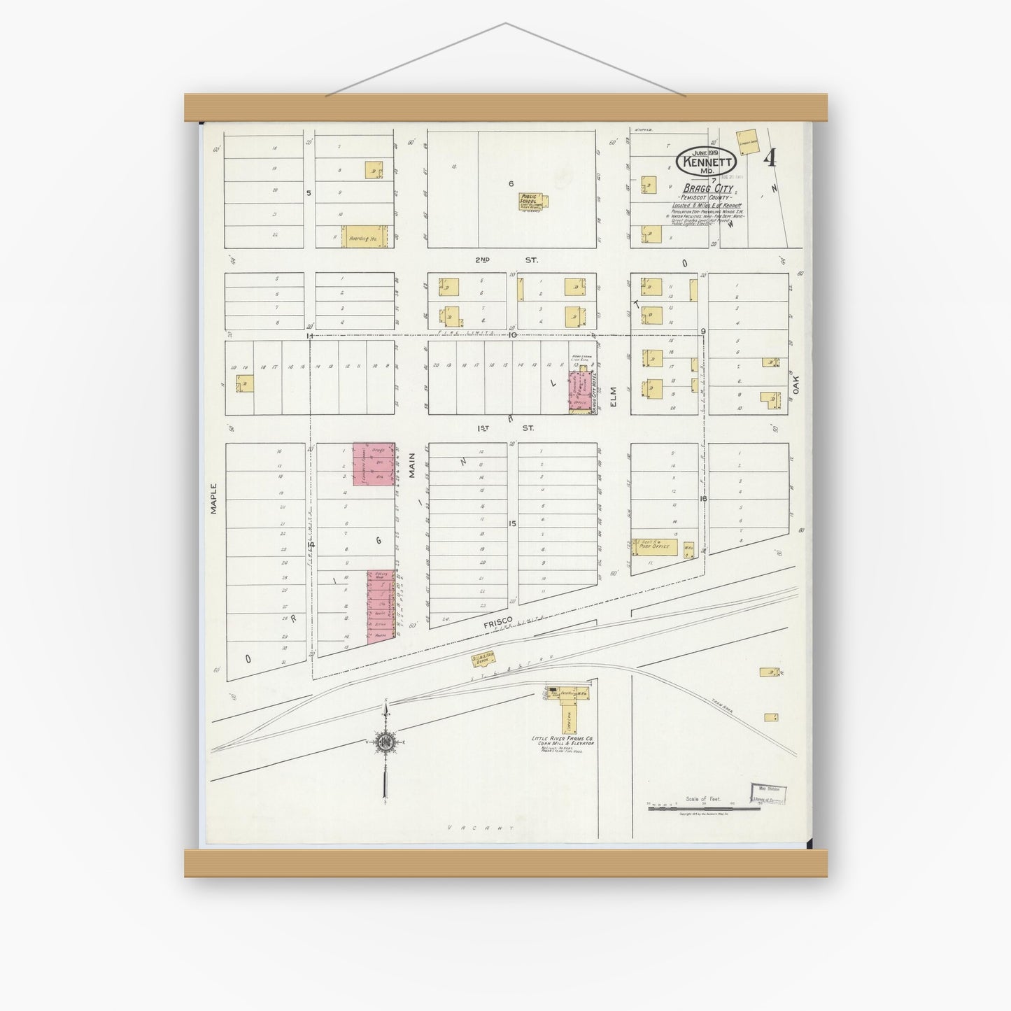 Old map wall art mockup — magnetic wood frame on white wall — Sanborn Fire Insurance Map from Kennett, Dunklin County, Missouri (1919), Sheet #0004