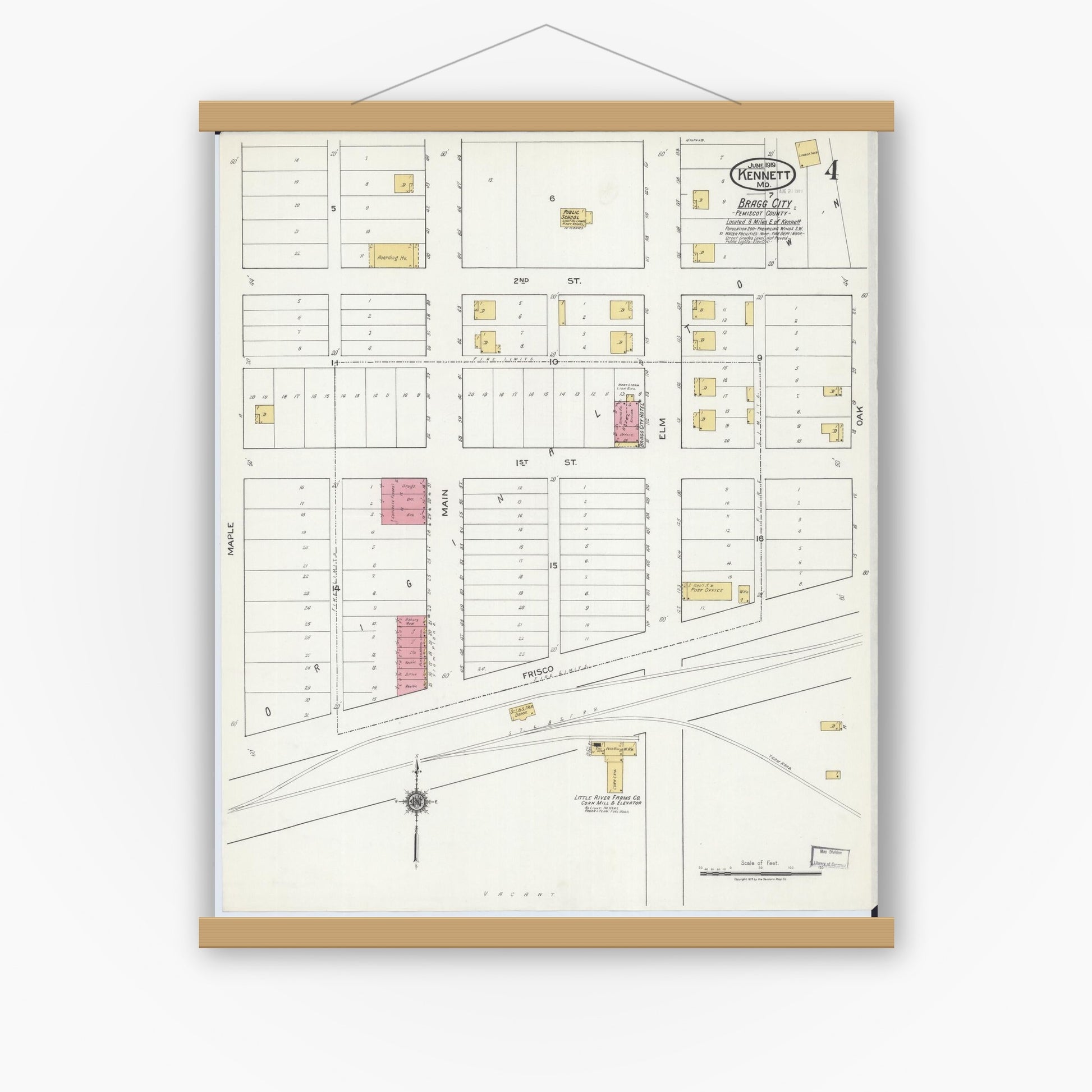 Old map wall art mockup — magnetic wood frame on white wall — Sanborn Fire Insurance Map from Kennett, Dunklin County, Missouri (1919), Sheet #0004