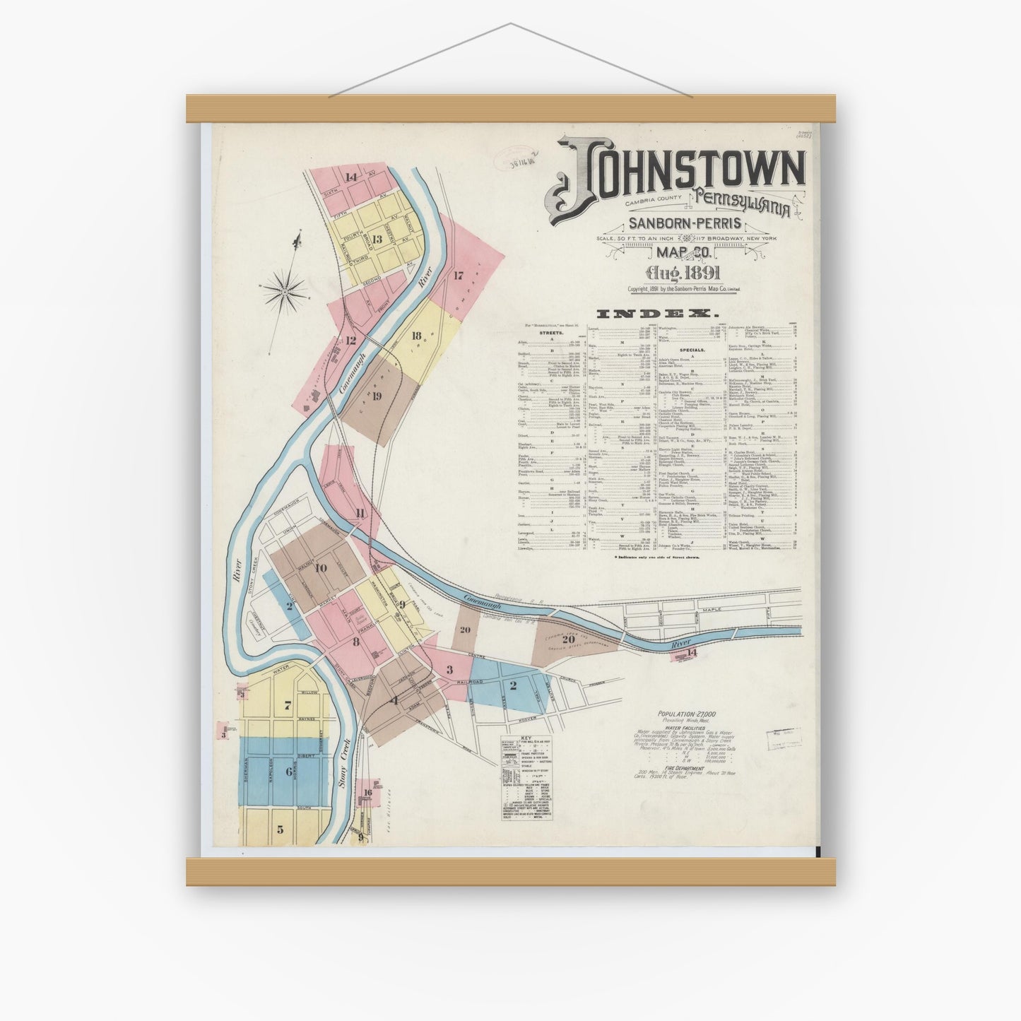 Old map wall art mockup — magnetic wood frame on white wall — Sanborn Fire Insurance Map from Johnstown, Cambria County, Pennsylvania (1891) - Complete Map Set