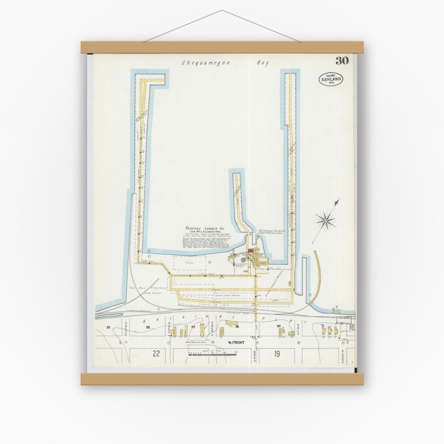 Old map wall art mockup — magnetic wood frame on white wall — Sanborn Fire Insurance Map from Ashland, Ashland County, Wisconsin (1901), Sheet #0030