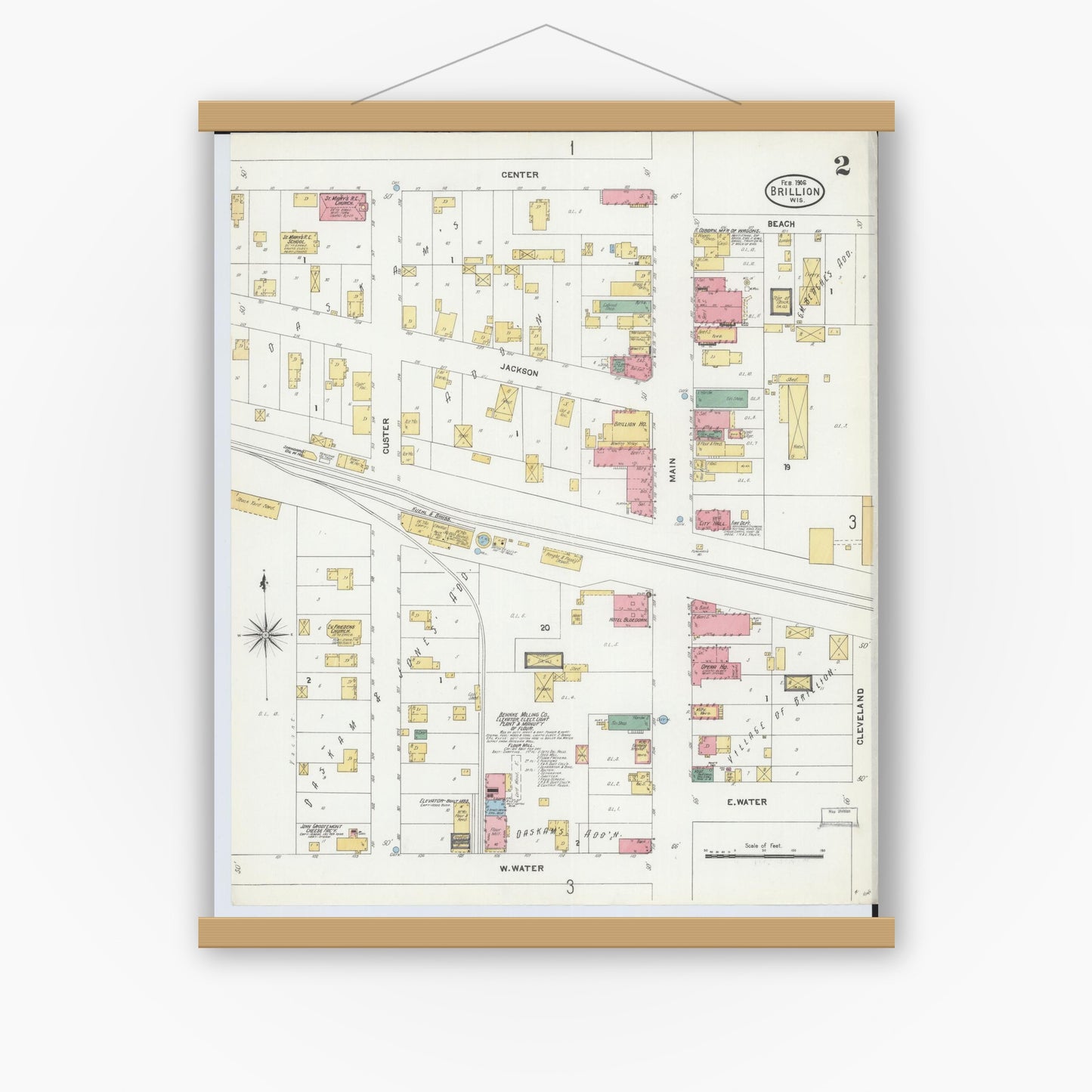 Old map wall art mockup — magnetic wood frame on white wall — Sanborn Fire Insurance Map from Brillion, Calumet County, Wisconsin (1906), Sheet #0002