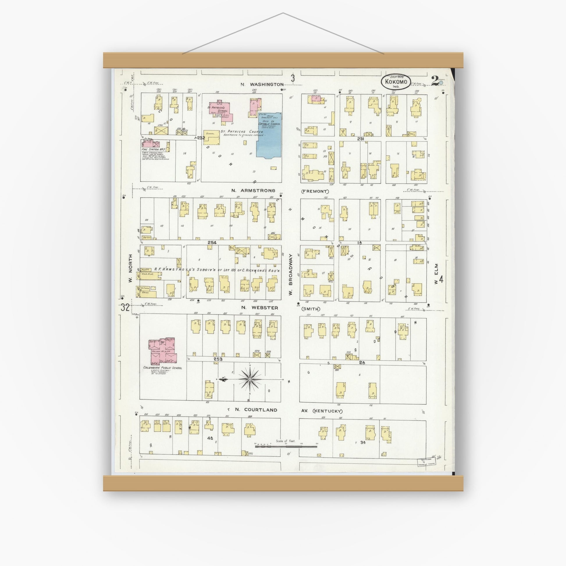 Old map wall art mockup — magnetic wood frame on white wall — Sanborn Fire Insurance Map from Kokomo, Howard County, Indiana (1909), Sheet #0002