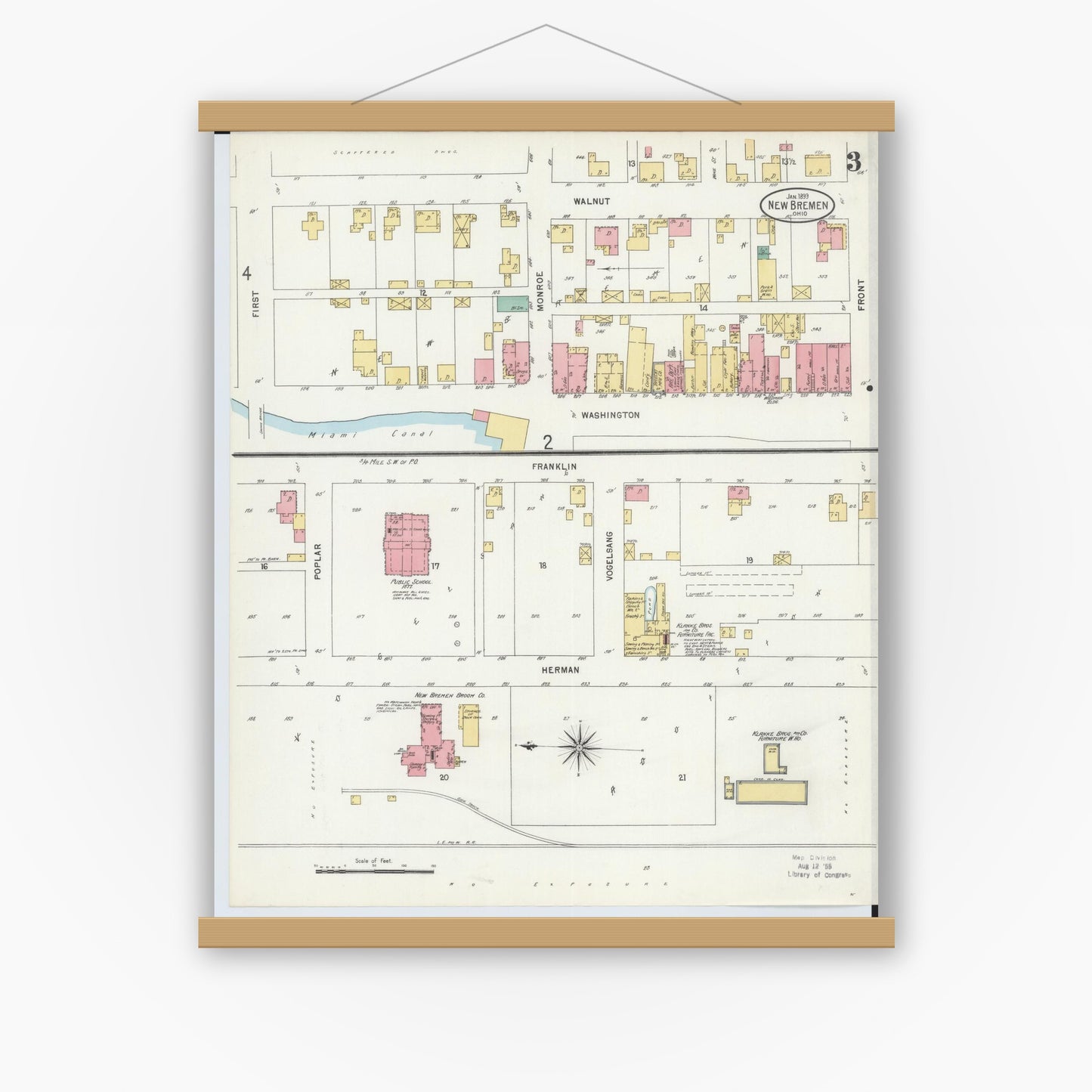 Old map wall art mockup — magnetic wood frame on white wall — Sanborn Fire Insurance Map from New Bremen, Auglaize County, Ohio (1899), Sheet #0003