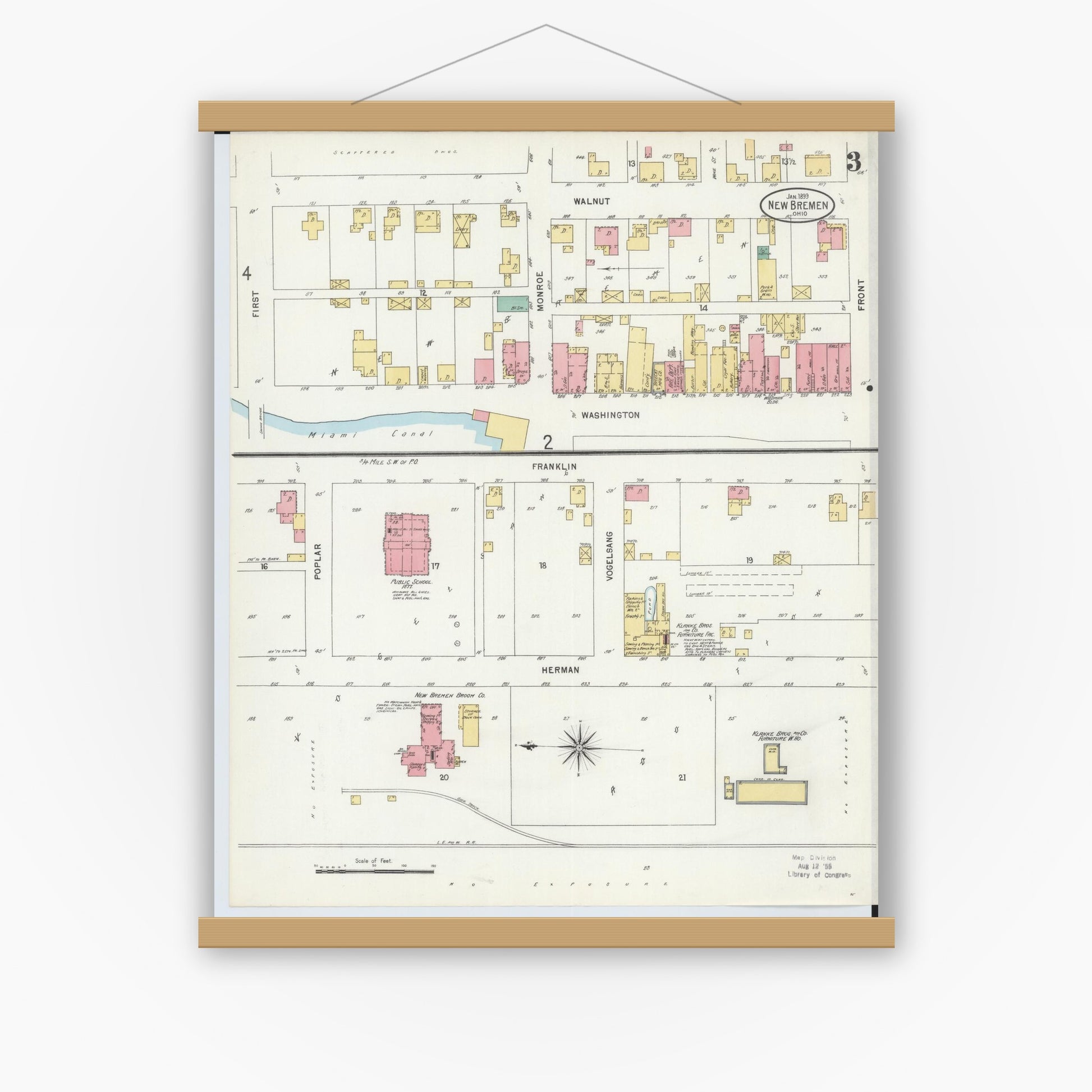 Old map wall art mockup — magnetic wood frame on white wall — Sanborn Fire Insurance Map from New Bremen, Auglaize County, Ohio (1899), Sheet #0003