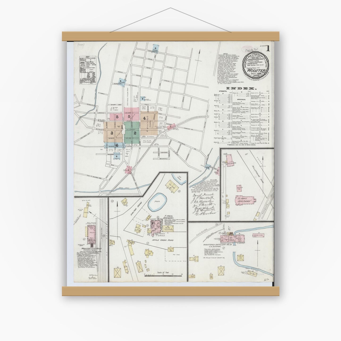 Old map wall art mockup — magnetic wood frame on white wall — Sanborn Fire Insurance Map from Wooster, Wayne County, Ohio (1888) - Complete Map Set