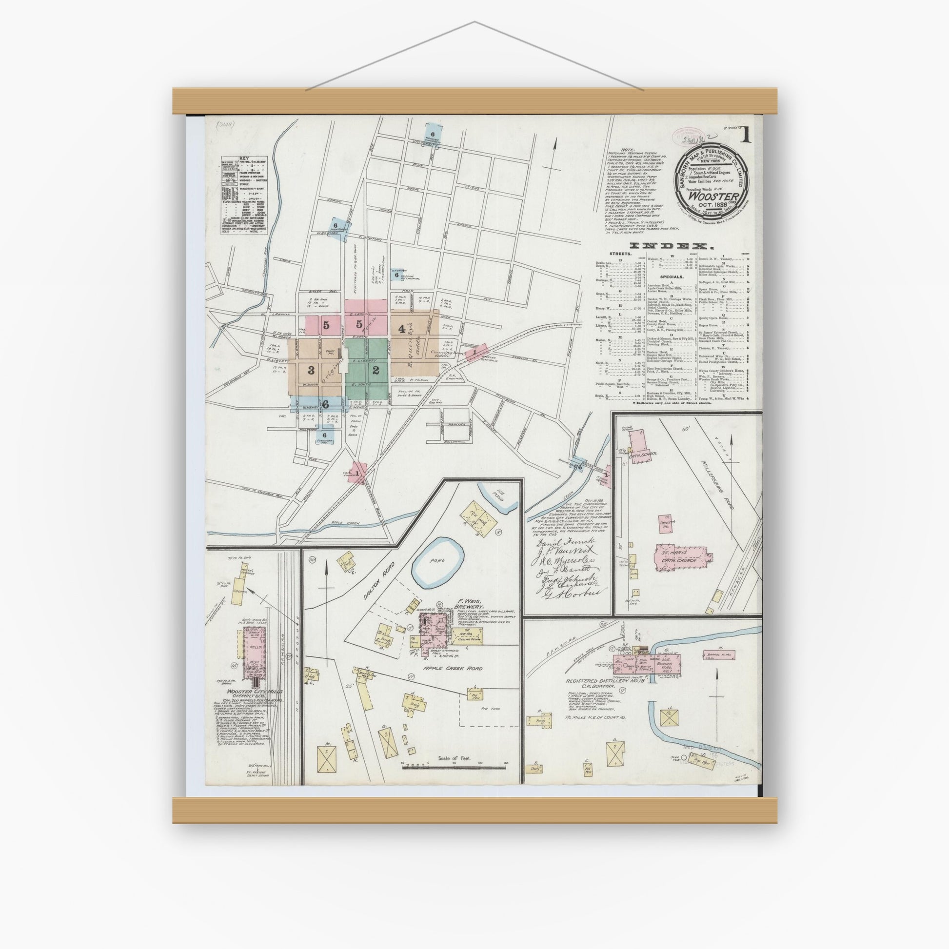 Old map wall art mockup — magnetic wood frame on white wall — Sanborn Fire Insurance Map from Wooster, Wayne County, Ohio (1888) - Complete Map Set