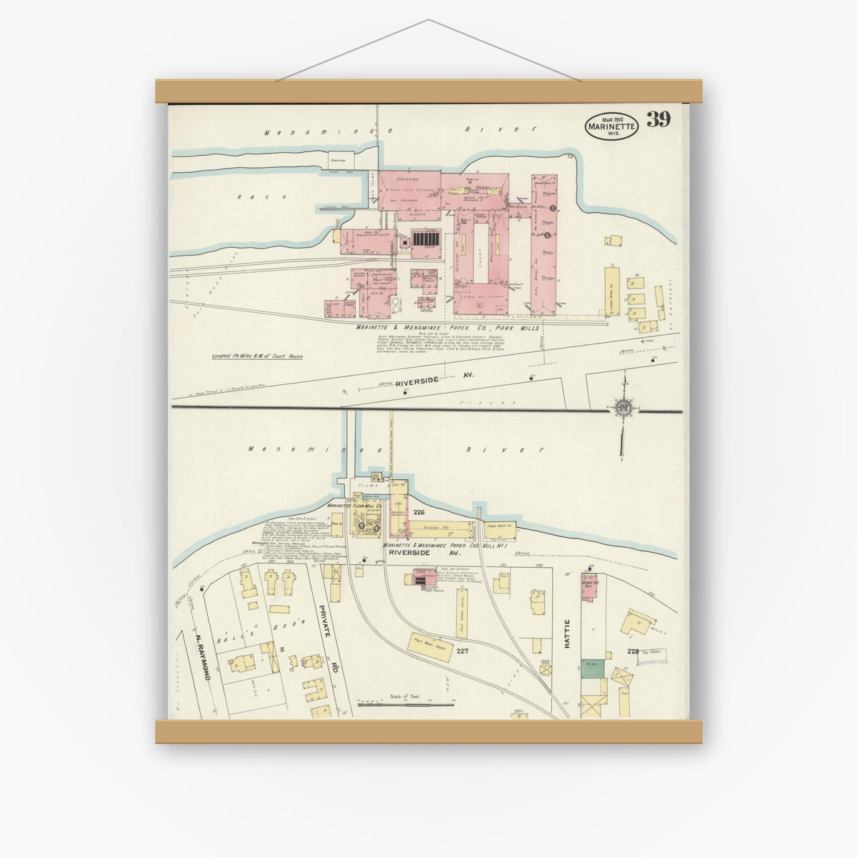 Old map wall art mockup — magnetic wood frame on white wall — Sanborn Fire Insurance Map from Marinette, Marinette County, Wisconsin (1910), Sheet #0039
