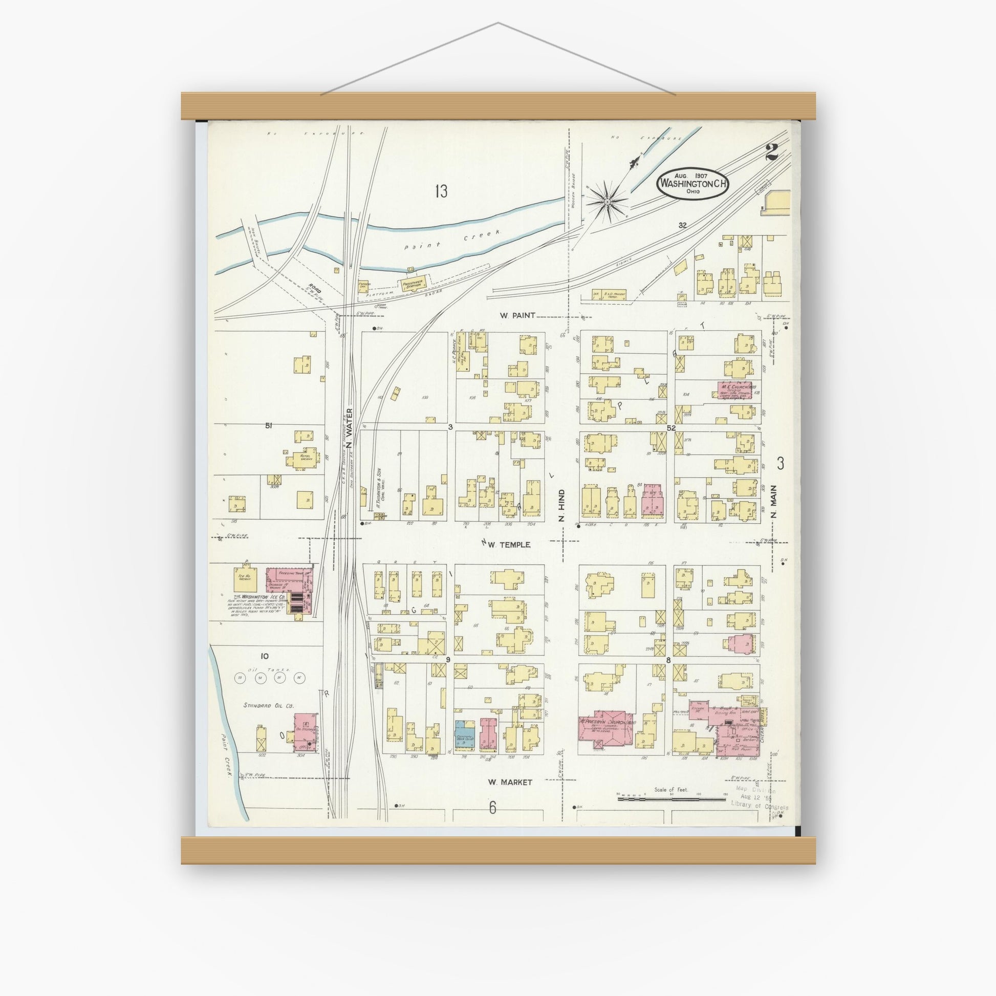 Old map wall art mockup — magnetic wood frame on white wall — Sanborn Fire Insurance Map from Washington Court House, Fayette County, Ohio (1907), Sheet #0002