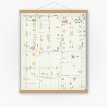 Old map wall art mockup — magnetic wood frame on white wall — Sanborn Fire Insurance Map from New Bethlehem, Clarion County, Pennsylvania (1899), Sheet #0004
