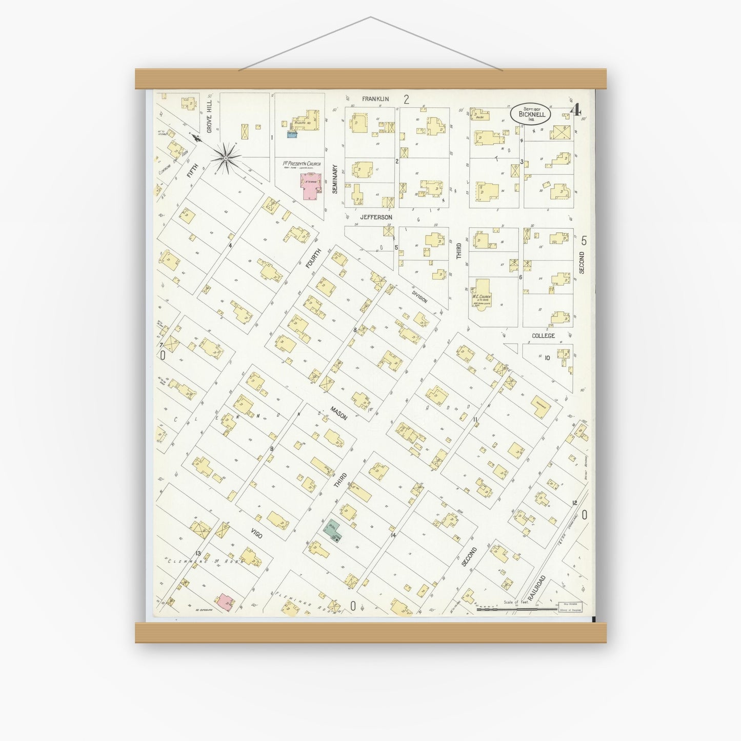 Old map wall art mockup — magnetic wood frame on white wall — Sanborn Fire Insurance Map from Bicknell, Knox County, Indiana (1907), Sheet #0004