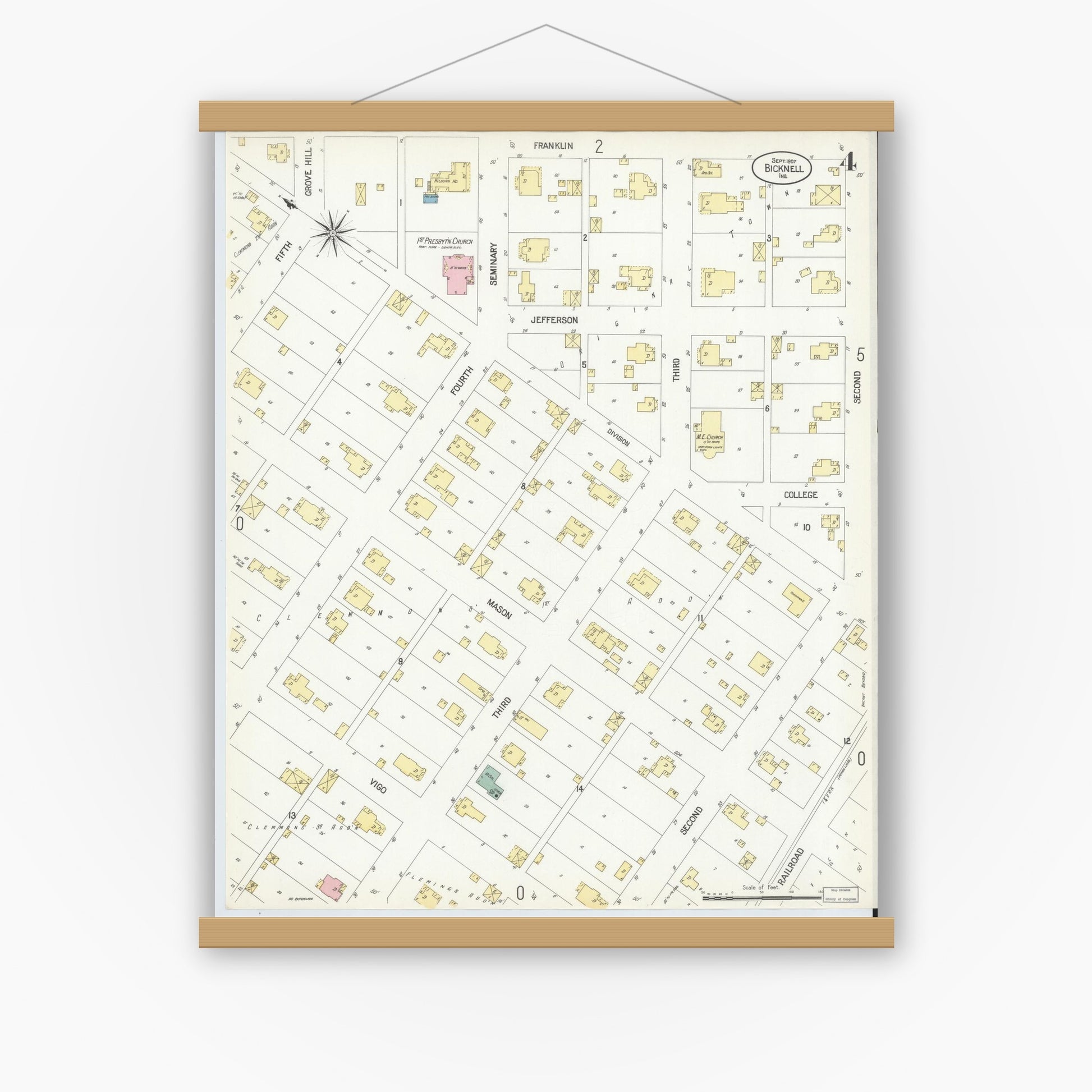Old map wall art mockup — magnetic wood frame on white wall — Sanborn Fire Insurance Map from Bicknell, Knox County, Indiana (1907), Sheet #0004