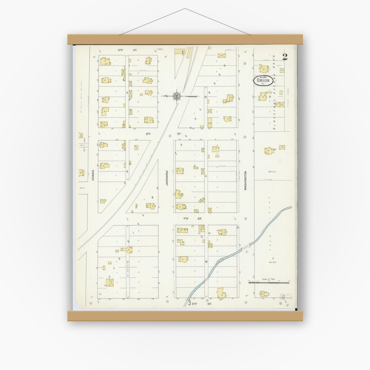 Old map wall art mockup — magnetic wood frame on white wall — Sanborn Fire Insurance Map from Orion, Henry County, Illinois (1913), Sheet #0002
