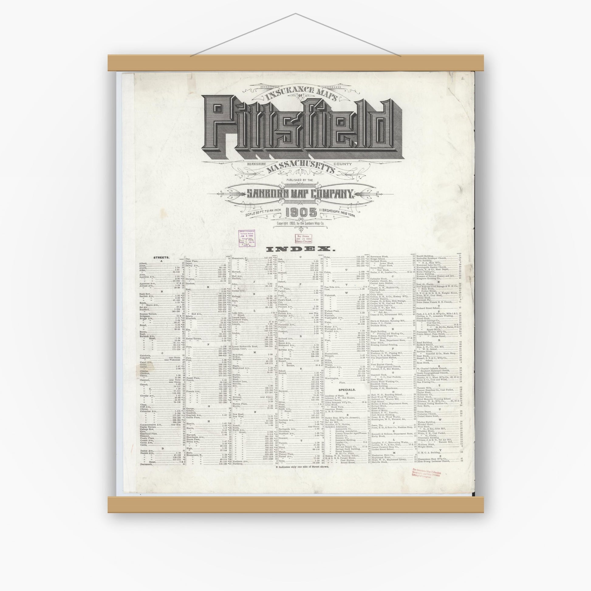 Old map wall art mockup — magnetic wood frame on white wall — Sanborn Fire Insurance Map from Pittsfield, Berkshire County, Massachusetts (1905), Sheet #0001