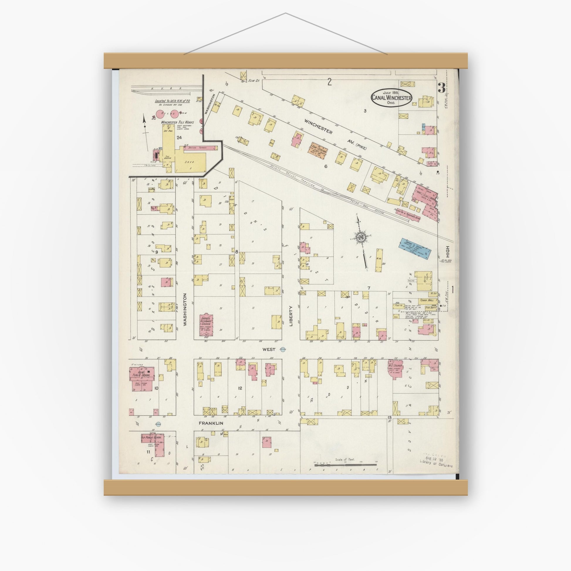 Old map wall art mockup — magnetic wood frame on white wall — Sanborn Fire Insurance Map from Canal Winchester, Franklin County, Ohio (1915), Sheet #0003