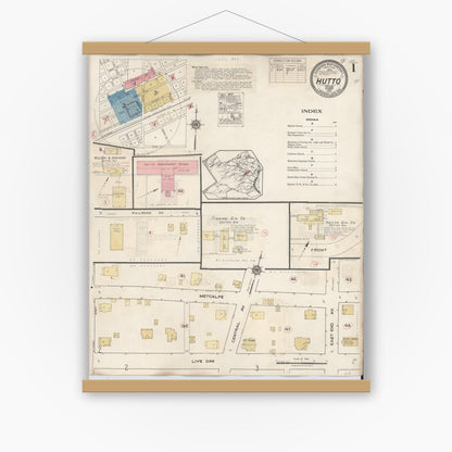 Old map wall art mockup — magnetic wood frame on white wall — Sanborn Fire Insurance Map from Hutto, Williamson County, Texas (1937), Sheet #0001