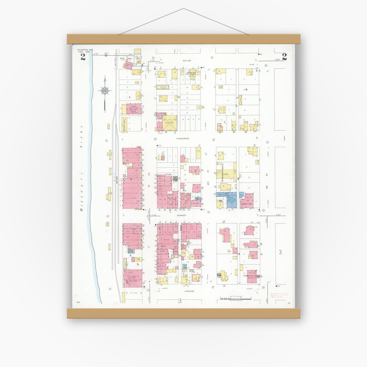 Old map wall art mockup — magnetic wood frame on white wall — Sanborn Fire Insurance Map from Glasgow, Howard County, Missouri (1935), Sheet #0002