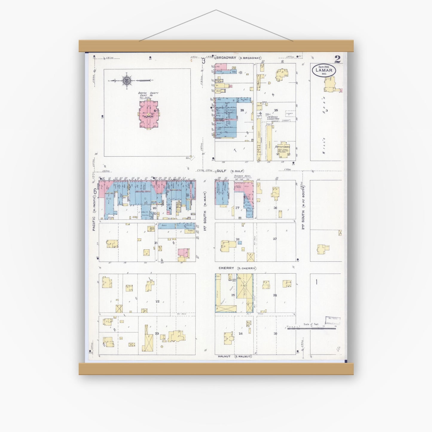 Old map wall art mockup — magnetic wood frame on white wall — Sanborn Fire Insurance Map from Lamar, Barton County, Missouri (1910), Sheet #0002
