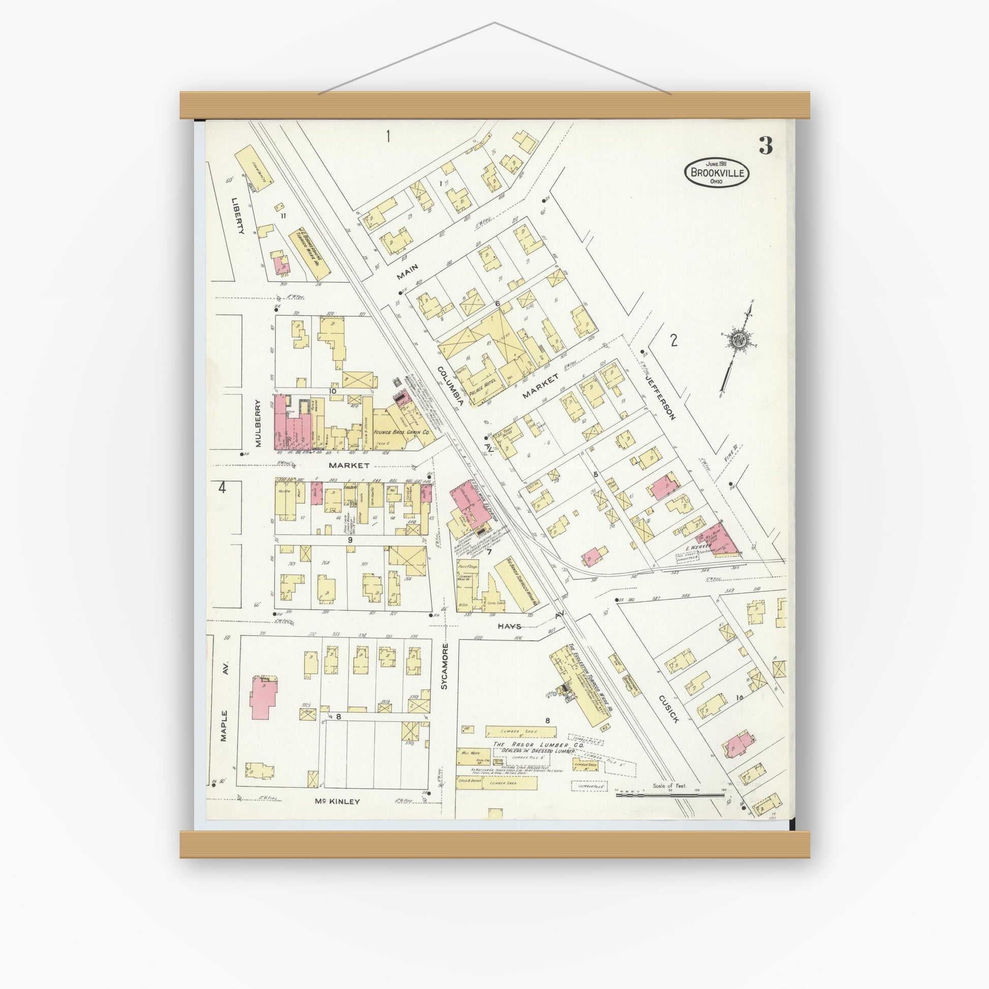 Old map wall art mockup — magnetic wood frame on white wall — Sanborn Fire Insurance Map from Brookville, Montgomery County, Ohio (1911), Sheet #0003