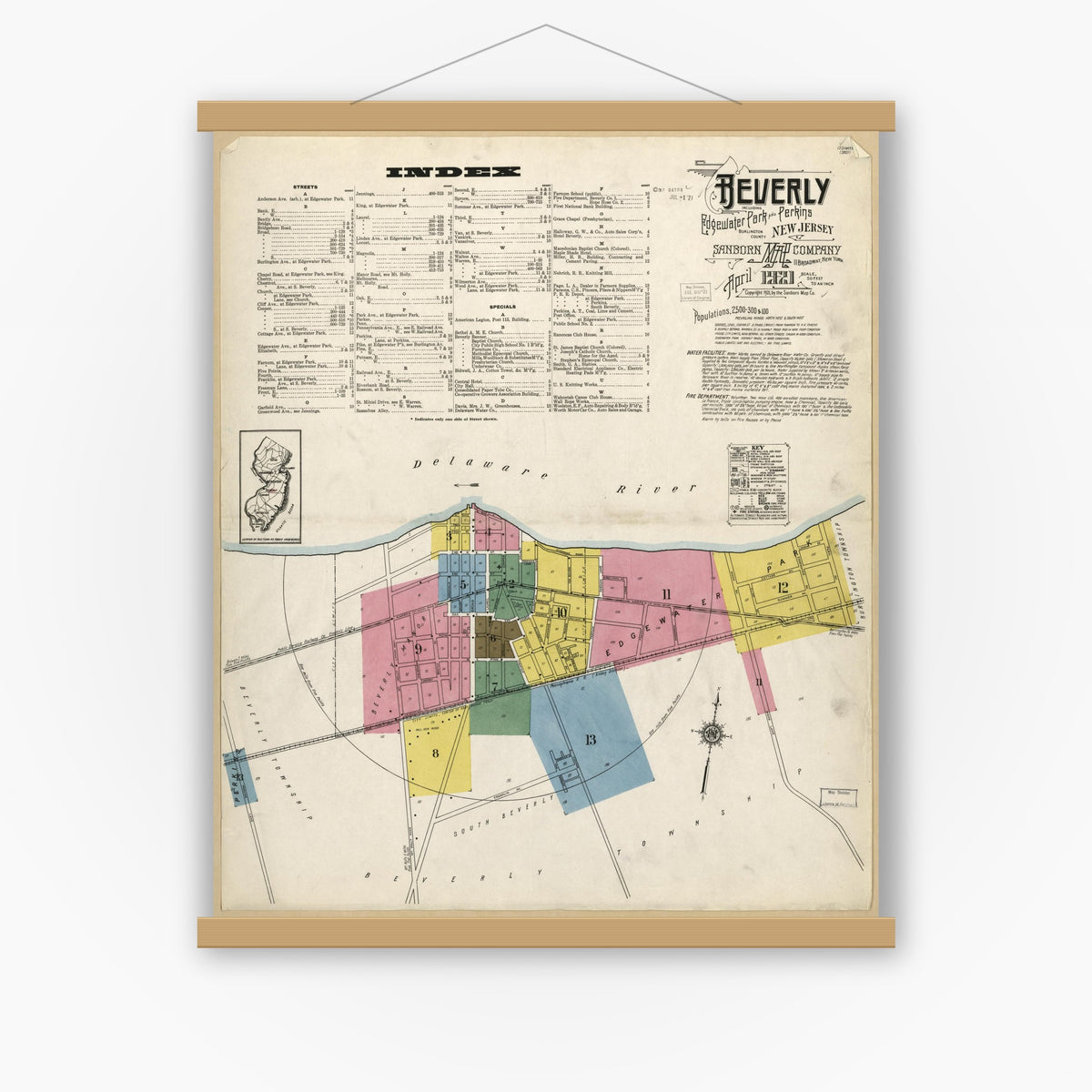 Old map wall art mockup — magnetic wood frame on white wall — Sanborn Fire Insurance Map from Beverly, Burlington County, New Jersey (1921), Sheet #0001