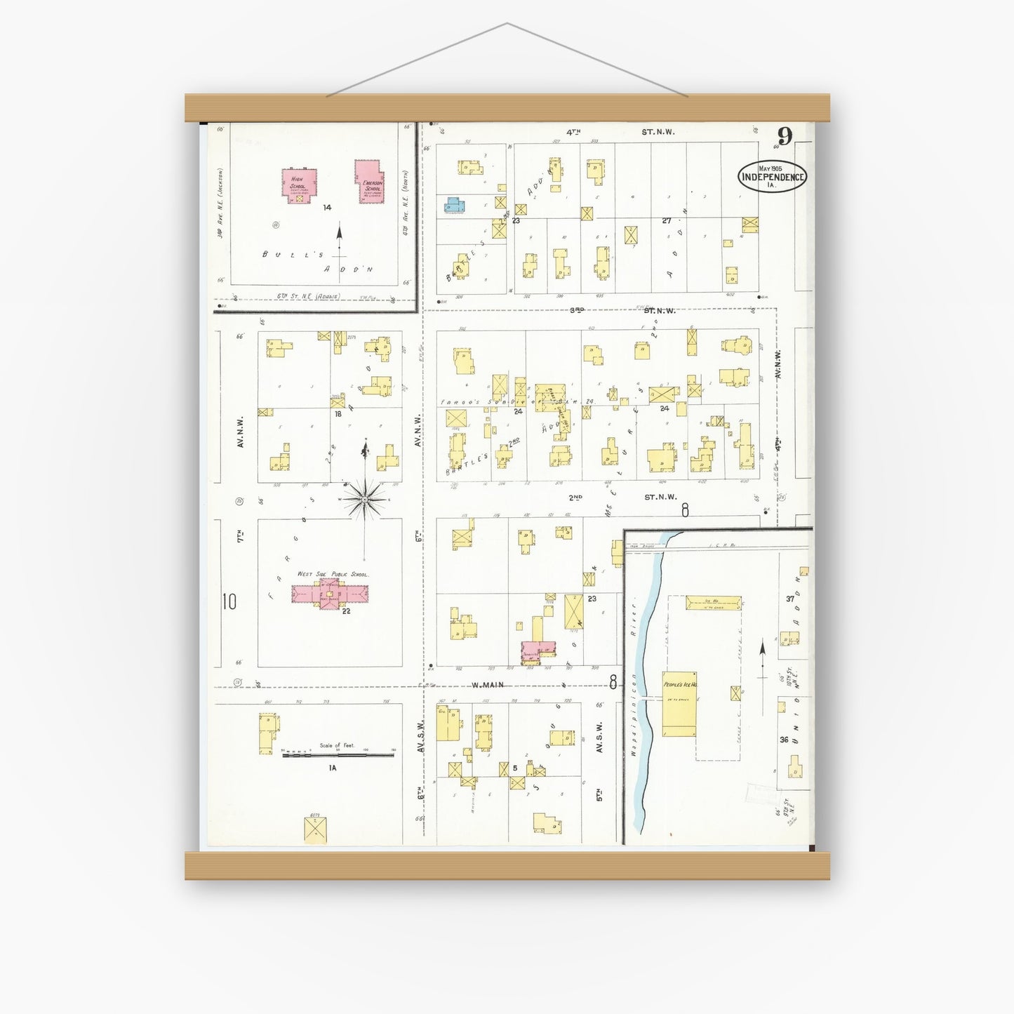 Old map wall art mockup — magnetic wood frame on white wall — Sanborn Fire Insurance Map from Independence, Buchanan County, Iowa (1905), Sheet #0009