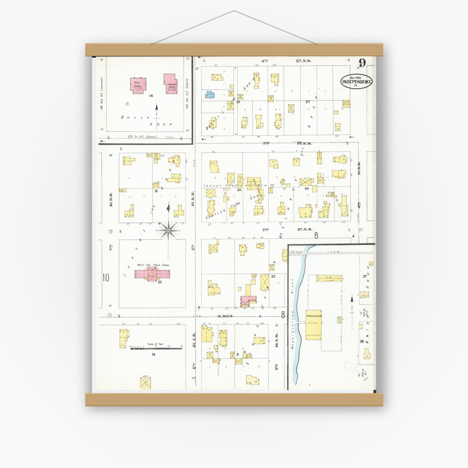Old map wall art mockup — magnetic wood frame on white wall — Sanborn Fire Insurance Map from Independence, Buchanan County, Iowa (1905), Sheet #0009