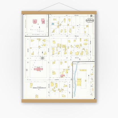 Old map wall art mockup — magnetic wood frame on white wall — Sanborn Fire Insurance Map from Independence, Buchanan County, Iowa (1905), Sheet #0009