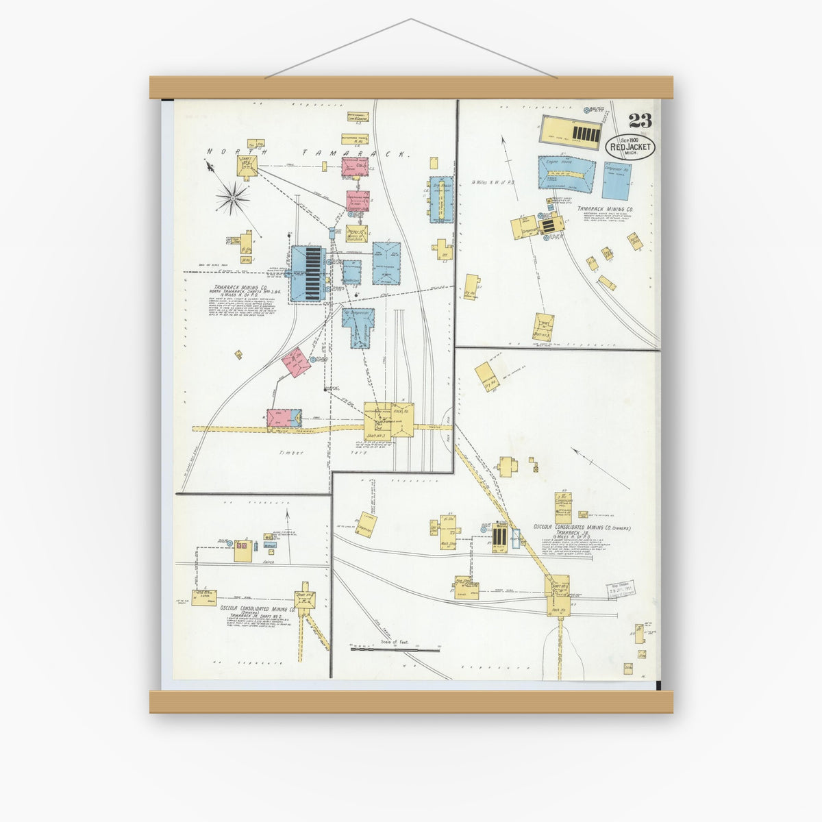Old map wall art mockup — magnetic wood frame on white wall — Sanborn Fire Insurance Map from Red Jacket, Houghton County, Michigan (1900), Sheet #0023